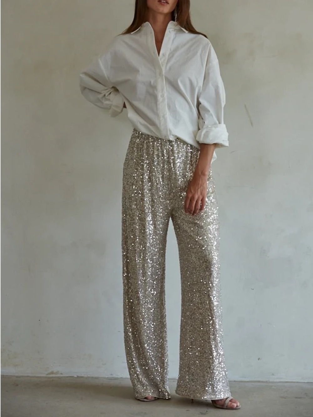 NWT Maydon Living Allure Sequin Wide-Leg Pants in Silver